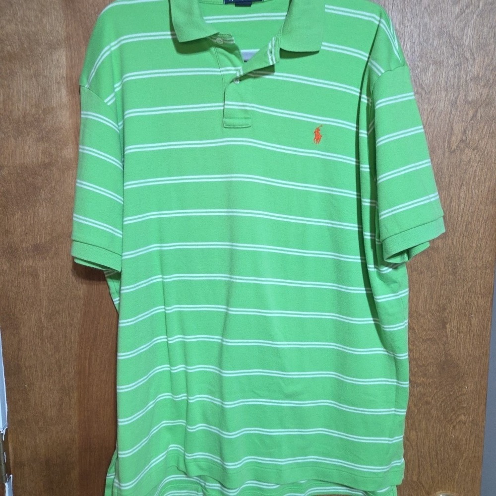 Polo Ralph Lauren Striped Polo Shirt Mens XL Green White Orange Pony Cotton Vtg
